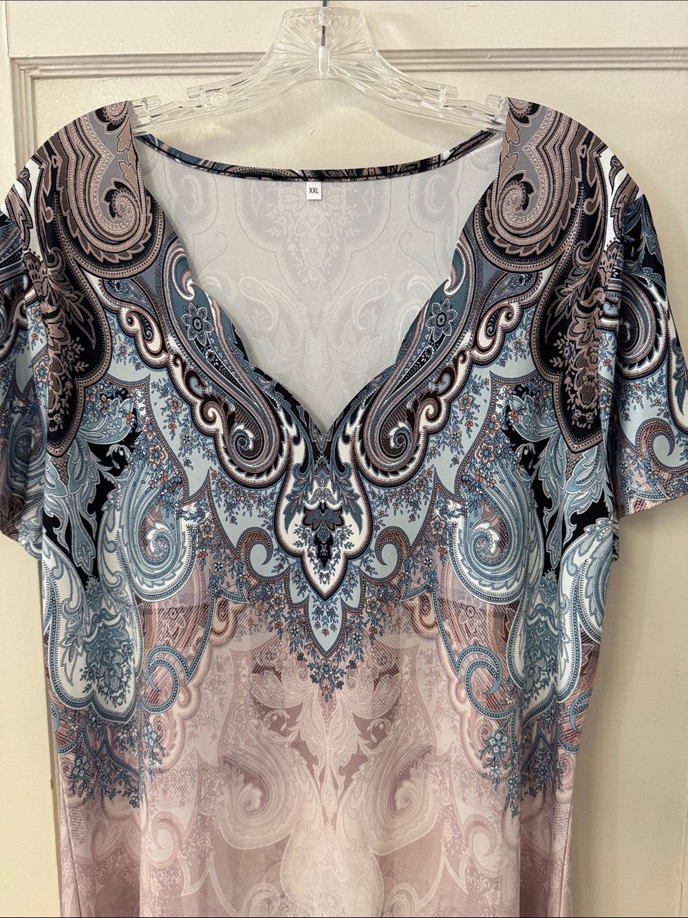 Paisley Scalloped V-Neck Dress Short Sleeve Gradient Blue & Pink Print Sz XXL - Picture 6 of 14